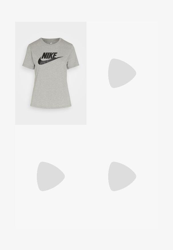 Camiseta de algodón gris con un logo negro de Nike en el pecho. Mangas cortas y un diseño clásico de cuello redondo.; Jeans de pierna ancha negros hechos de denim, con cinco bolsillos, remaches de cobre y un cierre clásico de botón. Textura suave con un diseño limpio.; Zapatillas de piel blanca con puntera perforada, acentos dorados y cordones planos, combinadas con pantalones beige sobre una superficie amarilla texturizada.; Bolso de hombro de tela negro con una superficie suave y texturizada, forma redondeada y una sola correa. Diseño minimalista sin hardware ni acentos visibles.