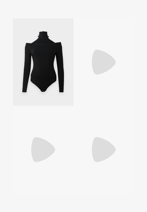 Bodysuit noir à manches longues avec décolleté à épaules dénudées et col roulé haut, comportant des fermetures à pression à l'entrejambe.; Leggings en dentelle noire avec un motif floral, en tissu transparent, et une coupe ajustée, dotés d'une taille lisse et d'ourlets fermés.; Sandale pour femme en cuir noir avec fines lanières, une boucle d'orteil, une boucle à la cheville et un talon aiguille de hauteur moyenne sur un fond neutre.; Un cardigan en maille noir, un haut blanc, une jupe en denim avec un motif de diamants bleus et noirs, un sac à main noir et des sandales à enfiler beiges.