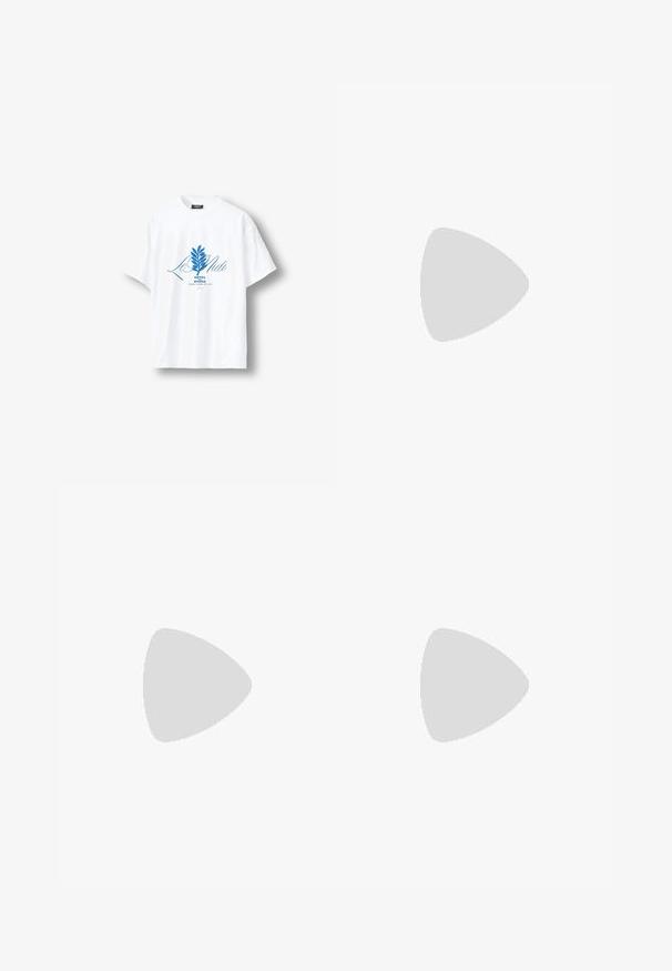 T-shirt blanc à manches courtes avec un motif botanique bleu et le texte « Le Midi Hôtel du Rivage Saint-Jean-de-Luz » centré sur le devant.; Maillots de bain bleu clair avec des rayures verticales blanches et de petits logos bleus. Comprend une taille élastique avec un cordon de serrage blanc et des fentes latérales.; Baskets blanches à profil bas avec un logo "M" noir sur le côté et une semelle brun clair, vues de l'extérieur sur un fond uni.; Collier de perles colorées présentant différentes formes et tailles, avec des accents métalliques et de petits charms décoratifs. Principalement multicolore.