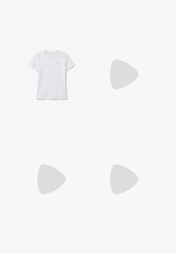 Valge lühikeste varrukatega ümmarguse kaelusega t-särk, millel on väike "Calvin Klein" logo ülemisel vasakul rinnal.; Heledad hallhalli pusad, mis omavad laia jala disaini, elastset vööd ning peeneid õmblusdetailе. Valmistatud pehmest ja hingavast kangast.; Valge madala lõikega toss, millel on paks tald ja külgmisel küljel "cK" logo, paelaeest kinnituv esiosa ning minimalistlik disain neutraalsel taustal.; Hõbedatoonides metallist kõrvarõngad abstraktse üksteisega põimunud aasade disainiga valgel taustal.