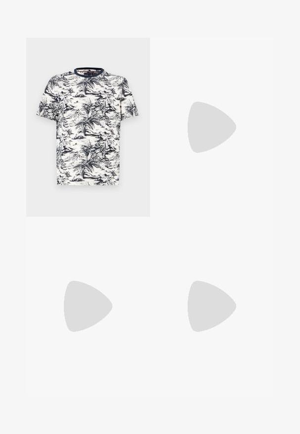 Camiseta de manga corta en color crema con un estampado de palmeras en azul marino. Cuenta con un cuello redondo y una textura de tela suave. Lavable a máquina.; Pantalones cortos beiges hechos de una tela ligera, con cinturilla elástica, cordón y bolsillos laterales con costuras en contraste.; Zapatilla blanca con material de cuero liso, punta redonda, diseño minimalista, acento gris en el talón y suela de goma texturizada.; Riñonera gris con un diseño elegante, que cuenta con una cremallera azul y un logo. Fabricada con material resistente, tiene una superficie texturizada y una correa ajustable.