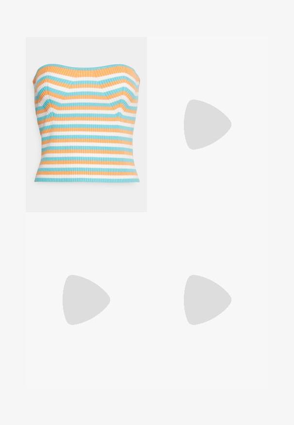 Gina Tricot KNITTED TUBE  - Top - multi; Biele nohavice s rovnými nohavicami, čistým predným dielom bez viditeľných vreciek alebo gombíkov, zobrazené na bielom pozadí.; Ružovo-zlaté šľapky s dvoma nastaviteľnými kovovými prackami, korkovým stielka a bielou gumovou podrážkou. Hladký kovový povrch, otvorený dizajn na prstoch.; Ružové priehľadné slnečné okuliare s oválnymi šošovkami, tmavočerveným tónovaním a štíhlymi ramenami, so hladkým povrchom a jemnými detailmi na ráme.