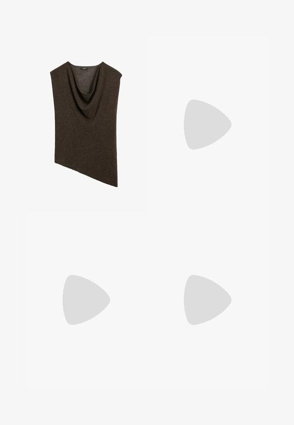 Asymmetrische donkerbruine gebreide mouwloze top met gedrapeerde halslijn en klein stoffen label binnen in de kraag.; VILA VIELLETTE HW MIDI SKIRT - NOOS - Maxirok - coffee bean; Donkerbruine leren slingback damesschoen met hoge hak, puntige neus en slanke stilettohak op witte achtergrond.; Zwarte open geweven mesh tas met afgeronde bovenhandgreep en een breed, gebogen lichaam.