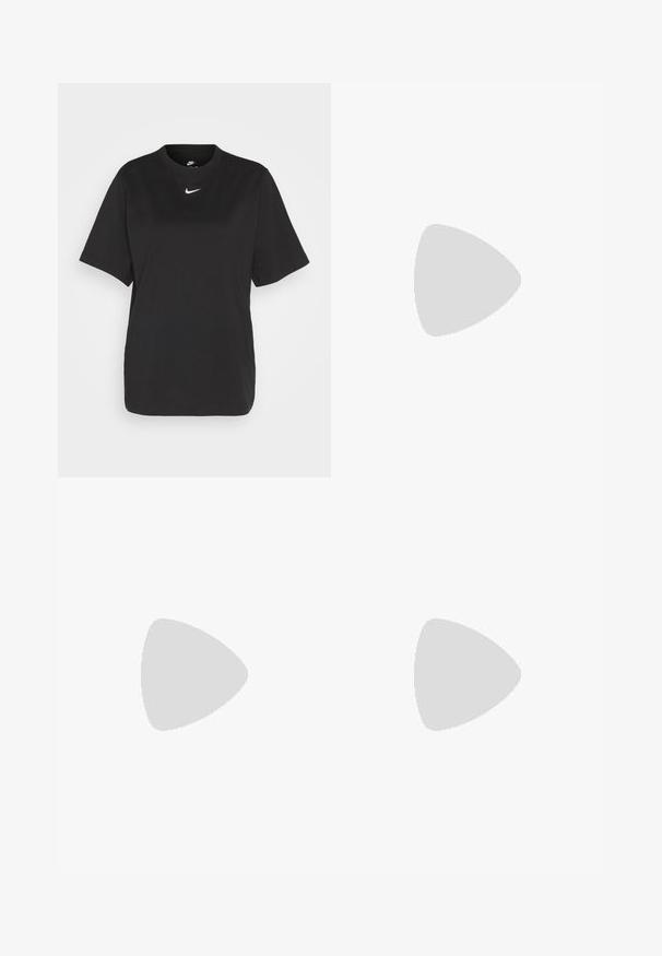 Zwarte katoenen t-shirt met korte mouwen, ronde hals en een witte Nike swoosh logo op de borst. Eenvoudig, ontspannen ontwerp.; Zwarte sweatpants van een katoenmix, voorzien van een tailleband met koord, rechte pijpen, en een wit Nike-logo aan de linkerzijde.; Witte leren sneakers met bloemige reliëfaccenten, ronde neus en een gestructureerde rubberen zool. In combinatie met rode broek met witte bloemenprint.; Zwarte rechthoekige zonnebril met donkere getinte lenzen, een dik plastic montuur en brede scharnieren. Glad oppervlak en hoekig ontwerp.