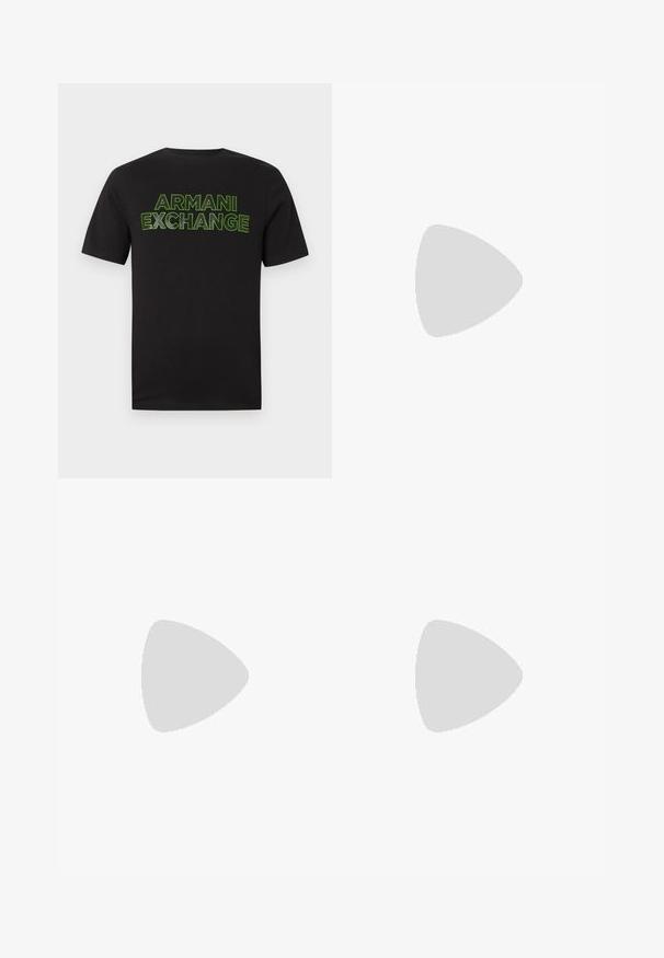 Sort t-shirt med korte ærmer og neongrønt konturtegn "ARMANI EXCHANGE" tekst på brystet mod en helt hvid baggrund.; Blå denim jeans med lige fit, der har fem lommer, bæltestropper og subtilt slid på stoffet.; Hvid lavtop-sneaker med gråt hælflig, hvide snørebånd og tekstureret sål, vist på en ensfarvet lys baggrund.; Sort bæltetaske med frontlynlåslomme og sølv ørn-logo, glat stof med tekstureret kant og lynlåstræk.