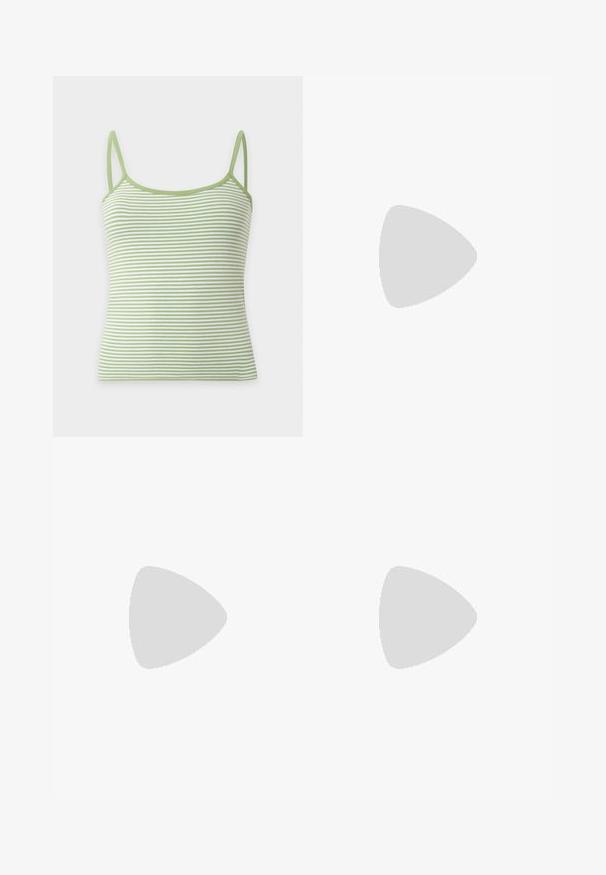 Grøn og hvid vandretstribet tanktop med tynde skulderstropper på hvid baggrund.; Blå denim flared jeans med høj talje, der har et klassisk five-pocket design og en glat tekstur. Kantene er brede og færdigbehandlede.; Lysebrune ballet flats med en glat læderoverflade, mandelformet tå og elastisk rem over vristen, med diskrete syninger.; Beige læderhåndtaske med dobbelte håndtag, messing spænde og nitte detaljer samt en justerbar skulderrem mod en hvid baggrund.