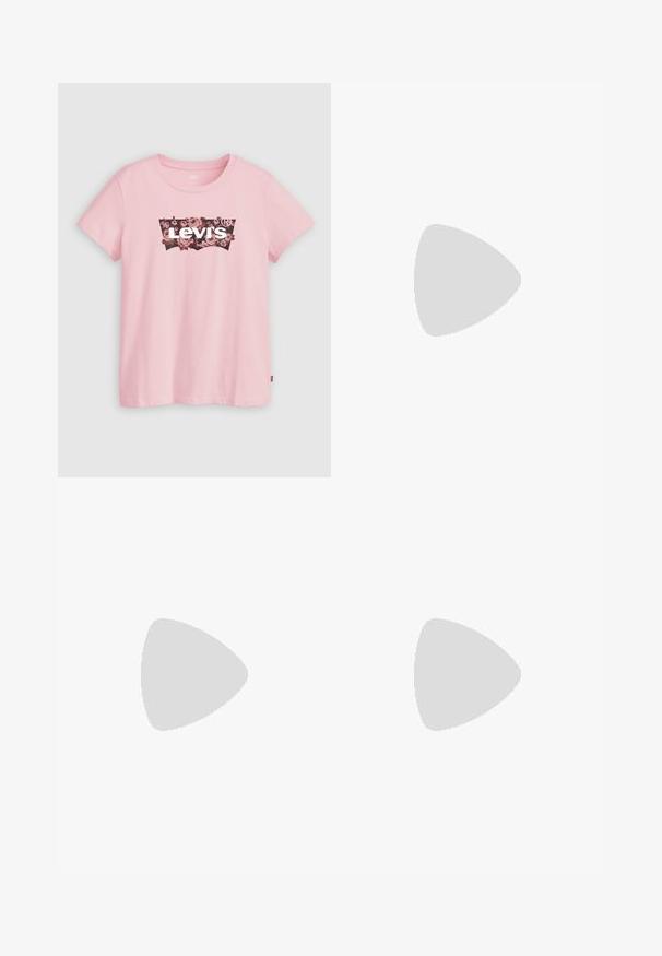 Lyserød bomulds T-shirt med et sort blomsterlogo og teksten "Levi's" i hvid, korte ærmer og rund halsudskæring.; Lyseblå denimjeans med lige ben, fem lommer og metal-knapper i en standard livvidde.; Hvide lædersneakers med røde striber og accenter. Har en tekstureret gummisål og polstret krave. Bæres med lyseblå denim.; Lyserøde transparente solbriller med ovale linser, mørkerød toning og slanke stænger, der har en glat overflade og diskret detaljering på rammen.