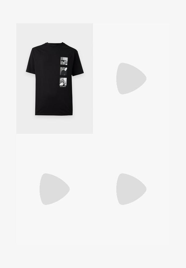 Sort bomulds t-shirt med tre monotone portræt grafikker og teksten "KARL LAGERFELD" nederst. Korte ærmer, rund hals.; Grå denimjeans med en falmet vask, straight-leg design, fem lommer, bæltestropper og en metalknaplukning i taljen.; Sko med en hvid læderoverdel og grå ruskindsdetaljer. De har en gummisål og et logo af et skægget ansigt på siden.; Sort laptop taske lavet af tekstureret kunstlæder. Har dobbelt håndtag, en aftagelig skulderrem og en frontlomme med lynlås og logo.