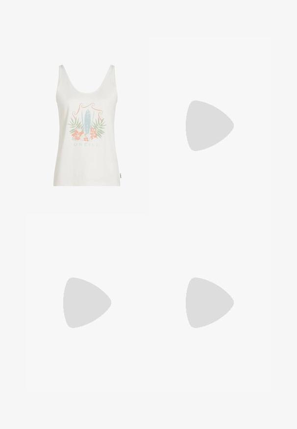 Hvid tanktop med et grafisk motiv bestående af et surfbræt, blomster i pink og grøn, samt teksten "O'Neill" nederst.; Beige teksturerede stofshorts med elastisk linning, snor og to store forlommer.; Brune syntetiske klipklapper med orange stropper, tekstureret overflade og præget hjerte-logo detalje på sålen.; Beige vævet stråtaske med brune læderhåndtag og sideremme, stående oprejst på en ensfarvet baggrund.