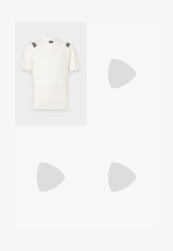 Camiseta blanca de algodón con mangas cortas, que presenta acentos de rayas negras en los hombros y un sutil logotipo de la marca en el centro.; Pantalones de chándal negros hechos de una mezcla de algodón, con una cinturilla elástica, piernas estrechas, puños acanalados y estampado de logo blanco en el lateral.; Zapatilla de cuero blanca con una textura suave, puntera redonda, cierre de cordones en la parte delantera y suela de goma plana. Presenta un logo en relieve en el talón.; Riñonera negra con bolsillo frontal con cremallera y logo de águila plateado, tela lisa con ribete texturizado y tiradores de cremallera.