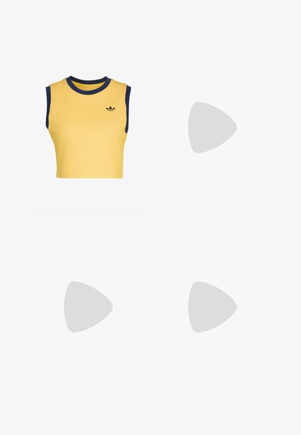 Keltainen lyhyt hihaton toppi, jossa tummansiniset reunukset kaulan ja hihansuiden ympärillä, sekä pieni musta Adidas-logo rinnassa.; Tummansiniset lyhyet housut, joissa on joustava vyötärö, ja joiden sivuilla on värikkäitä kukkastriitsejä sekä pieni valkoinen logo alareunassa.; Tummanpunainen urheilukenkä, jossa on hihna, valkoiset sivuraidat, kuvioitu kumipohja ja sileä päällinen. Säädettävä istuvuus pehmeällä sisävuorella.; Mustassa kangaskassissa on kestävä materiaali. Siinä on kaksi lyhyttä kahvaa ja pitkä säädettävä olkahihna. Suorakulmainen muoto ja minimalistinen muotoilu.