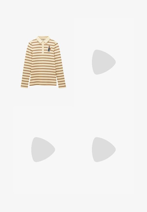 Langærmet beige polo med brune vandrette striber og broderet bjørn iført jeans og en stribet skjorte på brystet.; Mørkebrune, højtaljede, knælange shorts med bæltestropper og frontplisser, vist mod en hvid baggrund.; Sorte læder cowboystøvler med hvide kantede detaljer, prydet med dekorativ syning, spidse tåer og en lav stablet hæl.; Lille håndtaske med sølv gittermønster, buet håndtag, stor perle lukning og en tynd sølvkæde strop på en ensfarvet baggrund.