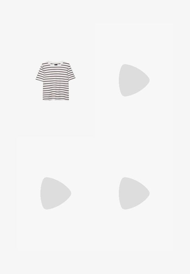 Witte korte mouw shirt met gelijkmatig verdeelde horizontale donkerbruine strepen en een ronde halslijn, plat gelegd op een witte achtergrond.; Zwarte denim jeans met een recht model, vervaagde textuur en vijf zakken. Beschikt over riemlussen en een ritssluiting.; Zwarte Adidas sneaker met witte strepen en beige zool, vastgelegd in de lucht boven een stenen oppervlak en een stenen muur op de achtergrond.; Zwarte leren handtas met twee verlengde handvatten, ritsluiting en ronde vorm; gladde textuur met subtiele glanzende afwerking.