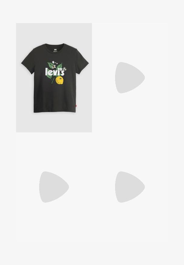 Zwarte katoenen T-shirt met een citroenen graphic, witte tekst met "levi's" en bloemenaccenten in groen en wit. Korte mouwen, ronde hals.; Zwarte denim jeans met een recht model, voorzien van een klassiek vijf-pocket ontwerp, een ritssluiting en contrasterende stiksels langs de naden.; Zwarte suède sneaker met witte accenten en veters, uitgerust met een dikke witte zool en contrasterende stiksels, gecombineerd met een witte sok.; Even&Odd by Zalando Zonnebril - black