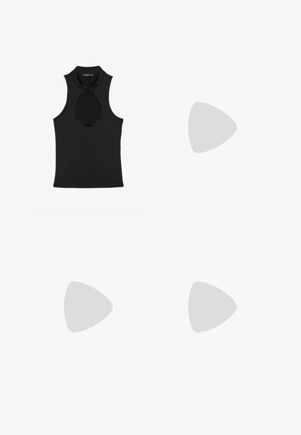 Top noir sans manches avec col montant et découpe en forme de goutte d'eau fermée par un petit nœud au niveau de l'encolure.; Shorts noirs taille haute et ajustés avec une large ceinture et une petite fente à l'avant de chaque jambe, présentés sur un fond blanc.; Jambes portant des leggings côtelés foncés associés à des ballerines noires avec de petits détails en nœud sur fond blanc.; Sac à bandoulière en cuir noir avec une forme arrondie, une seule sangle plate et une fermeture éclair supérieure. Texture lisse avec des détails matériels minimalistes.