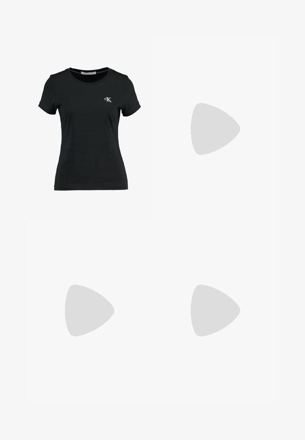 Musthave musta lühikeste varrukatega t-särk, mis on valmistatud puuvillast, ümmarguse kaelusega ja vasakul rinnal on väike valge "ck" logo.; Mustad kõrge vöökohaga kitsad teksad esiseppide, vöökummide ja viie taskuga disainiga valgel taustal.; Valge nahast teniseking, millel on must kummist V logo. Tekstuuriga heledat valget värvi tald, valged paelad ja tagakanna detail, millel on brändinimi mustas kirjas.; Kuldne rõngasõlg, millel on sile ja poleeritud viimistlus. Ümar kuju, keskmise suurusega, sisaldab turvalist kinnitussüsteemi.