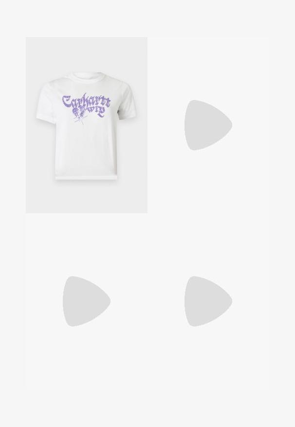 Weißes T-Shirt mit kurzen Ärmeln, lila gotischem Text und Schmetterlingsgrafik auf der Brust mit der Aufschrift "Carhartt Wip".; Weit geschnittene Hose mit lebendigem, abstraktem Muster in Blau, Gelb und Weiß, mit symmetrischem, wellenförmigem Design auf hellem Hintergrund.; Dunkelbraune Herrenleder-Pennyloafers mit schwarzer Sohle und Steppdetails entlang der Spitze, im Seitenprofil gezeigt.; Schildpatt-Sonnenbrille mit ovalen Rahmen, rötlichen Gläsern und schlanken Bügeln. Verfügt über ein kleines goldenes Detail und eine Markenkennzeichnung am Bügel.