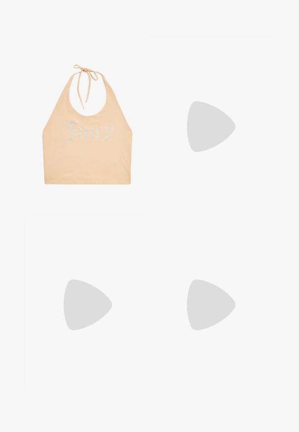 Licht beige haltertop van zachte stof met een ronde halslijn, versierd met rhinestones die "Juicy" aan de voorkant spellen.; Zwart gewassen denim jeans met hoge taille, dubbele knoopsluiting, voorzakken en licht uitlopende pijpen.; Zwarte sneakers met gouden spikkels, een gestructureerd oppervlak en een stevige zwarte zool. Gekoppeld aan bruine sweatpants met een slim-fit ontwerp.; Metaalachtige bronzen cilindervormige schoudertas met verstelbare strap, voorklep, driehoekig logo en een bevestigd hartvormig sleutelhanger.