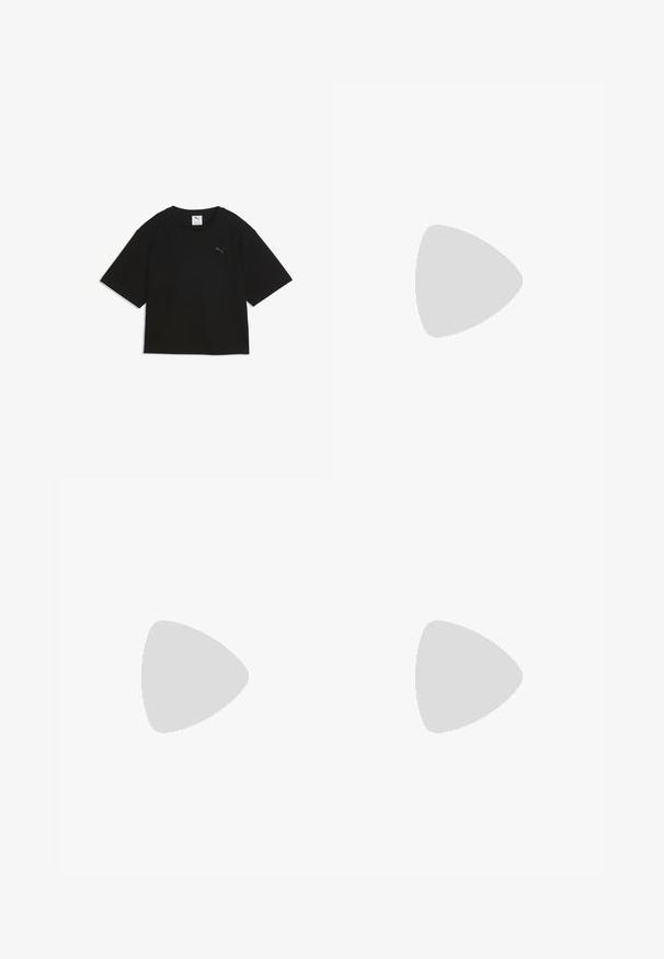 Sort kortærmet cropped t-shirt med rund hals og lille Puma-logo på brystet.; Sort atletisk nederdel med elastisk talje, der har hvide sidelister og et lille logo i kanten. Fremstillet af letvægtsstof.; Lys grå atletisk sko med en mesh-overdel, sølv accenter, rund tå og en polstret sål. Har et snørebånd design for en sikker pasform.; Sorte rektangulære solbriller med gule linser. Funktioner inkluderer tykke stel og kantet design med en glat, blank finish.