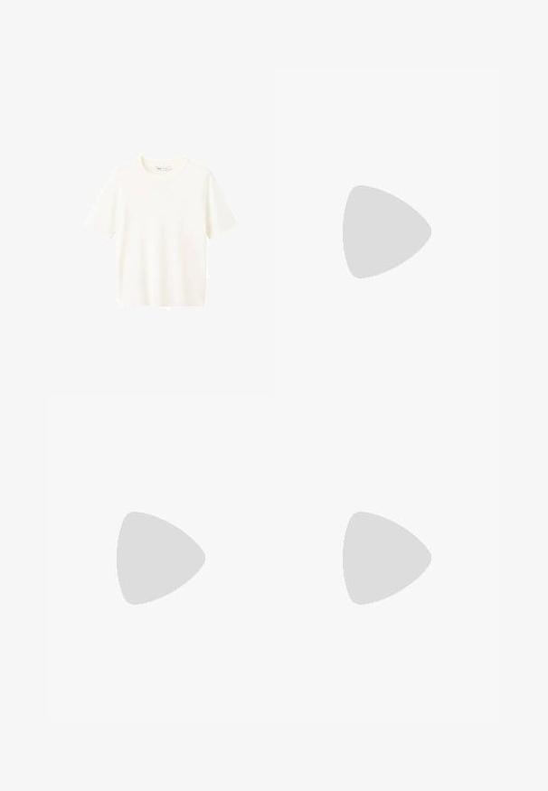 T-shirt à manches courtes et col rond en tissu doux de couleur blanc cassé avec une texture lisse et un ourlet droit. Pas de motifs ou d'ornements visibles.; Jean à jambes larges en denim foncé avec des coutures contrastantes claires. Il présente une taille haute et une coupe droite, longueur complète. Design classique sans ornement.; Chaussure plate burgundy à bout pointu avec bride arrière, petit talon et sangle ajustable sur fond blanc.; Sac à bandoulière en cuir marron avec rabat avant et boucle dorée, disposant d'une bandoulière réglable avec ferrures dorées sur fond blanc.