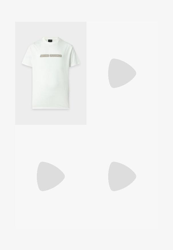 Camiseta blanca de manga corta con parches rectangulares beige que deletrean "ARMANI EXCHANGE" en el pecho.; Pantalones rectos negros con cierre de botón y cremallera, pasadores para cinturón y bolsillos delanteros, exhibidos sobre un fondo blanco.; Zapatilla blanca de cuero con parte superior texturizada, punta redondeada, suela blanca plana y cordones tonales. Marca sutil en la lengüeta.; Bolso de muñeca rectangular negro con bolsillo delantero con cremallera, emblema de logo plateado y correa desmontable con texto de la marca.