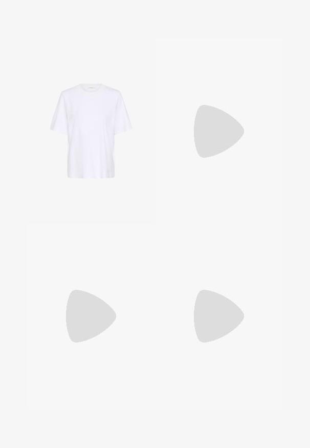 T-shirt blanc uni à manches courtes avec col rond, présenté sur un fond blanc.; Pantalon noir à jambes larges avec une texture lisse, taille haute et deux poches latérales. Lignes épurées et design sur mesure.; Jambes portant des leggings côtelés foncés associés à des ballerines noires avec de petits détails en nœud sur fond blanc.; Petit sac à main noir brillant avec deux longues anses et des détails à cordon sur les côtés sur un fond clair uni.