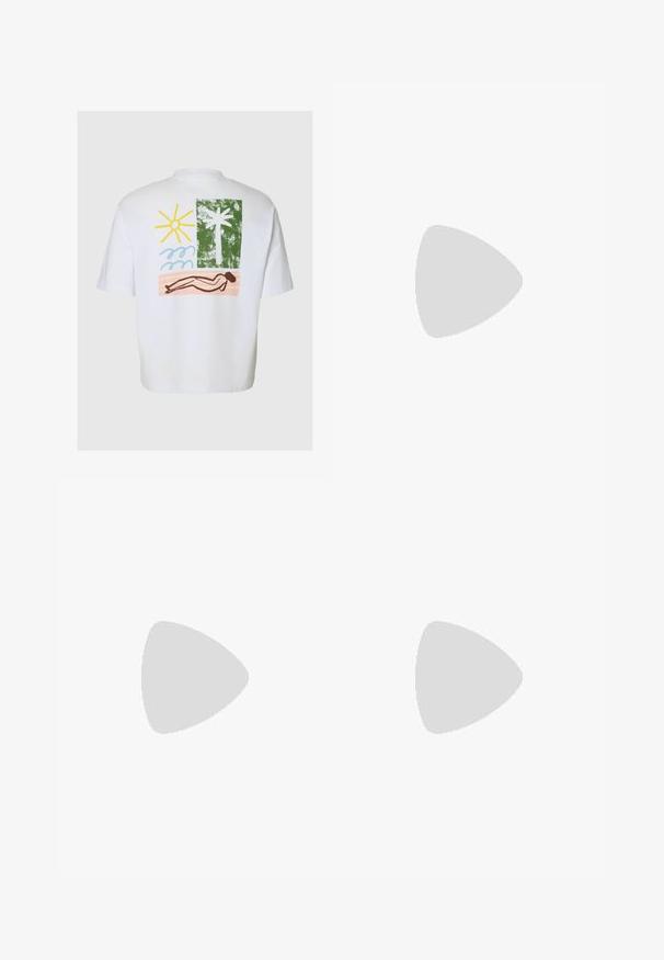 Camiseta blanca con una estampación colorida en la espalda que muestra un sol amarillo, olas azules, una palmera verde y una figura marrón tumbada sobre una toalla de playa rosa.; Pantalones grises de pierna ancha con finas rayas verticales, pinzas delanteras, bolsillos laterales, trabillas para cinturón y cierre con botón en la cintura.; Zapato de cuero negro con puntera redonda, diseño con cordones, detalles de costura y suela de goma texturizada. Superficie lisa con un acabado brillante.; Cinturón de piel negra con una hebilla de metal plateado, que presenta un diseño clásico y una textura suave. Incluye agujeros para ajuste.