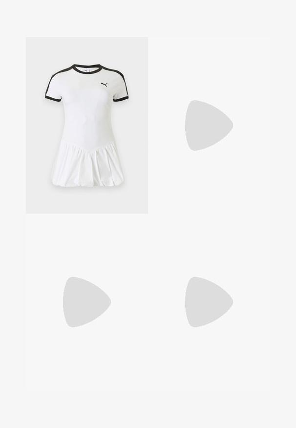Hvid kortærmet kjole med sort kant på ærmer og krave, rynket nederdel og lille sort Puma-logo på brystet.; Sorte flared leggings lavet af strækbart stof, med en høj talje og glat tekstur, designet til komfort og bevægelighed.; Par sorte læder Mary Jane-stil sko med elastisk bagpå og velcrolukning, med en diskret Puma-logo på hver tå.; Sort lakeret håndtaske med dobbelte top-håndtag, aftagelig skulderrem, rund form og et fremtrædende præget "PUMA"-logo.