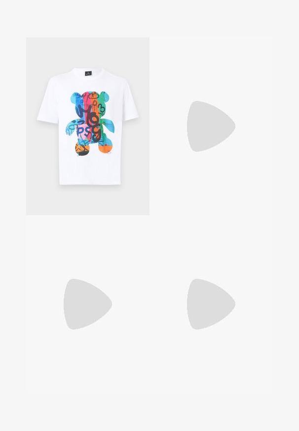Hvid T-shirt med korte ærmer og stort farverigt graffiti-inspireret motiv af en teddybjørn på forsiden, med nuancer af blå, rød, grøn og orange.; Brune corduroy bukser med en skræddersyet pasform, der har fem lommer, en knaplukning og syet detaljer langs sømmene.; PS Paul Smith DOVER - Sneakers - cognac/off-white; Tan læder crossover taske med sorte MCM logoer, front lynlåslomme, guldfarvet plade og justerbar stofrem på hvid baggrund.