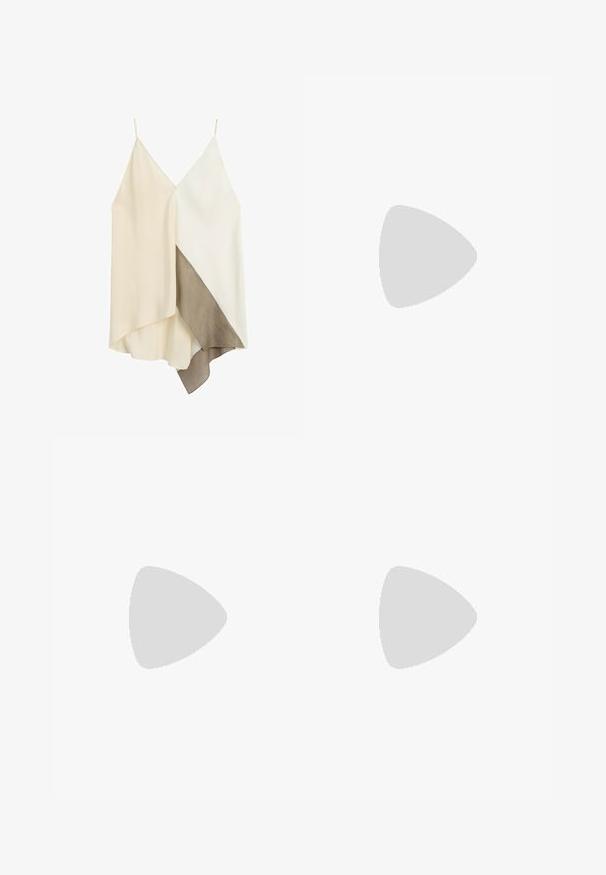 Robe asymétrique sans manches avec fines bretelles, présentant des blocs de couleurs crème, blanc et taupe ainsi que des panneaux de tissu superposés.; Pantalon blanc à jambes larges avec taille élastique et cordon de serrage, en tissu léger.; Sandale plate dorée avec de multiples sangles croisées ornées de petits strass transparents. Dotée d'une semelle plate et d'un design à talon ouvert.; Sac à épaule en tissu couleur crème avec broderie florale à œillets et une seule bandoulière souple.