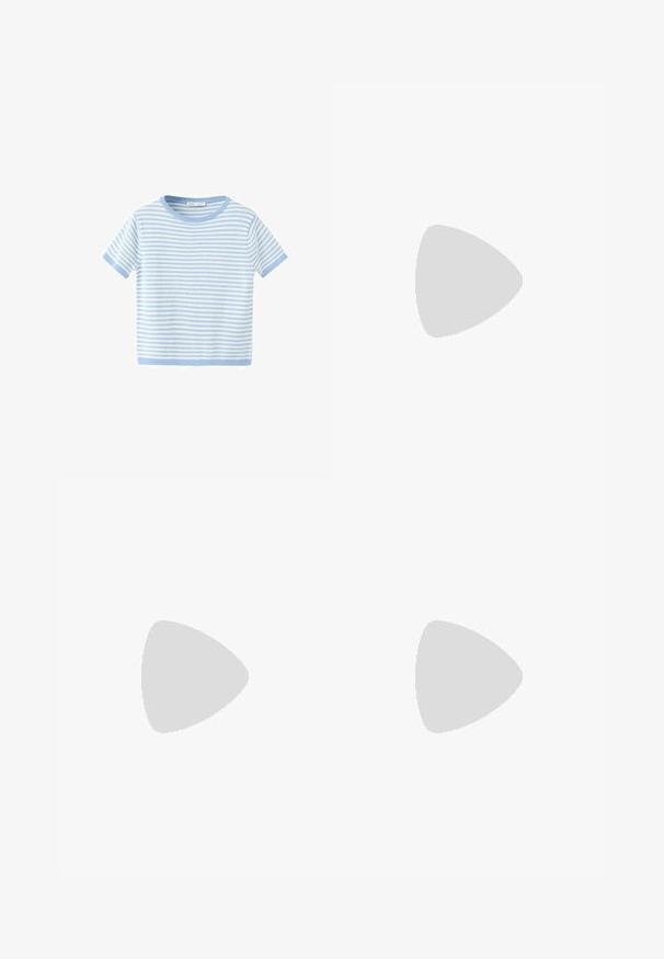 Haut en maille manches courtes avec rayures horizontales bleu clair et blanc et col rond.; Les jeans en denim bleu clair à jambes larges présentent une taille haute, cinq poches, un léger dégradé et des accents de couture le long des coutures.; Baskets bleu clair avec une sangle à velcro, des bandes crème sur les côtés, tige en tissu souple, semelle en caoutchouc marron texturée.; Sac à main en denim bleu clair avec deux bretelles attachées à des anneaux métalliques et des rivets décoratifs à l'avant et sur les côtés.