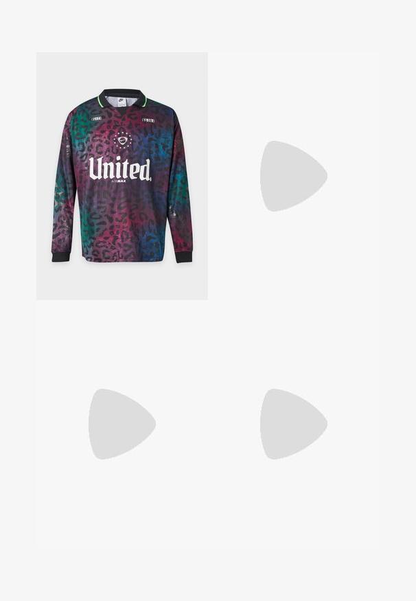 Maillot de sport Nike à manches longues avec col noir, imprimé léopard multicolore, texte blanc "United Air Max" et petits caractères chinois blancs près des épaules.; Shorts de sport bleu clair avec une texture en mesh, arborant un logo Nike rose sur le côté gauche et une taille élastique.; Baskets de sport noires au design épuré, avec un logo Nike blanc bien en vue, des surcouches texturées et une semelle moulée distincte.; DARKAI TENNIS LONG UNISEX - Collier - silver-coloured