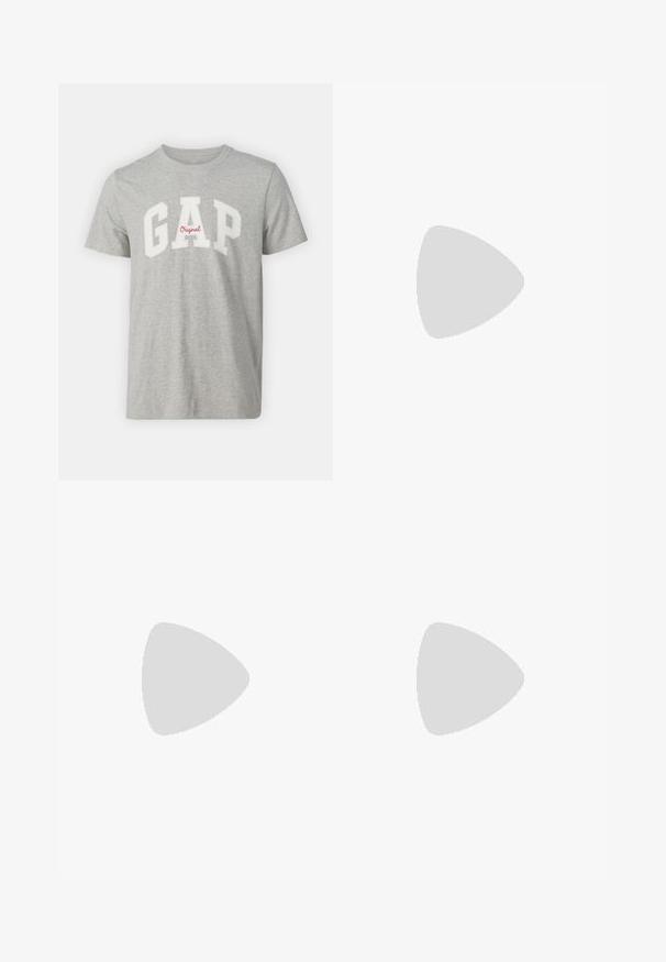 Graues Baumwoll-T-Shirt mit Rundhalsausschnitt, kurzen Ärmeln und großem weißen "GAP"-Logo mit rotem "Original"-Schriftzug.; Graue Denim-Jeans mit gerader Passform, ausgestattet mit einem ausgewaschenen Finish, Fronttaschen und einem Knopfverschluss. Einfache Nähte und Saumdetails.; Weiße Leder-Sneaker mit glatter Oberfläche, rundem Zehenbereich, flachen Schnürsenkeln und strukturiertem Schuhsohlen. Graues Wildleder-Detail an der Ferse.; Schwarze Sonnenbrille mit rechteckiger Form, dunklen Gläsern, silbernen Akzenten an den Bügeln und mattierter Oberfläche des Rahmens.