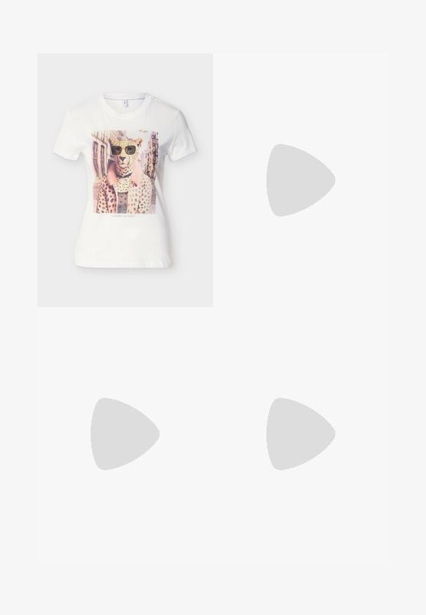 Hvid T-shirt med en gepard iført solbriller og en lyserød pletfrakke, sat op mod en bygade som baggrund.; Oliven grøn kordfløjlsnederdel, A-formet, tekstureret stof, med en glat talje og sømdetaljer.; Hvide sneakers med en glat læderlignende overdel, tre velcrostropper, rund tå og en tekstureret gummisål. Bagakcent i beige.; Sorte solbriller med en slank rektangulær ramme og blå linser. Har en glat overflade og robuste stænger. Mærkets logo på siden.