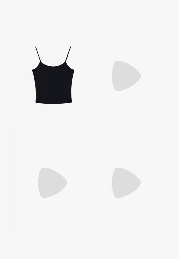 Stradivarius TOP  - Débardeur - black; Shorts noirs ajustés avec une large ceinture, fabriqués dans un tissu doux et extensible. Les ourlets sont lisses sans fermetures ni motifs visibles.; Sandale tong en caoutchouc noir avec semelle texturée et fines brides en Y sur un fond blanc uni.; Lunettes de soleil à monture en plastique noir avec des verres teintés foncés et un pont étroit, vues de face sur un fond blanc.