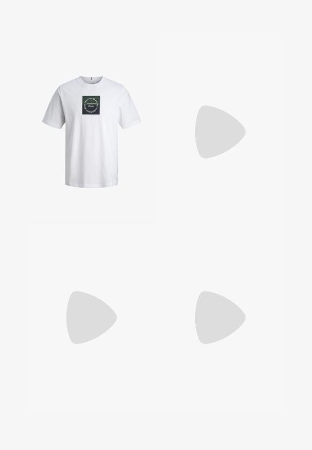 Valkoinen lyhythihainen pyöreäkauluksinen T-paita, jossa on musta neliökuvio ja valkoinen ympyrämainen teksti, jossa lukee "Jack & Jones Originals, Kööpenhamina."; Tummansiniset farkut, joissa on slim fit -leikkaus, haalistunut pesu, hieman kulumista ja klassinen viisi-taskuinen muotoilu.; Mustat liukuvat kengät, jotka on valmistettu sileästä nahasta ja joissa on ommeltu kuvio edessä sekä teksturoitu kumipohja pidon parantamiseksi.; Aurinkolasit, joissa on kirkas muovikehys ja suorakulmaiset ruskeat linssit, ohuilla läpinäkyvillä varsilla ja metallikosketuksilla temppeleissä.