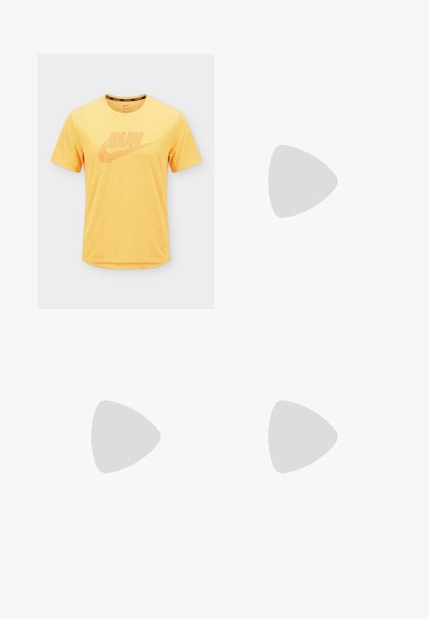 Gul kortærmet Nike Dri-FIT løbetrøje med "RUN" og swoosh-logo trykt på brystet, rund hals.; Neon orange atletikshorts med en åndbar meshstruktur, elastisk talje med snor og sidelommer. Sølvlogo-detalje på venstre side.; Sort løbesko med mesh-overdel, skumsål og reflekterende detaljer. Har flade snørebånd og en polstret krave, ophængt over en racerbane.; Digital ur med sort gummirem, rundt sort bezel, LCD-display der viser tid, dato og funktioner, vandtæt op til 100m, 10 års batteri.