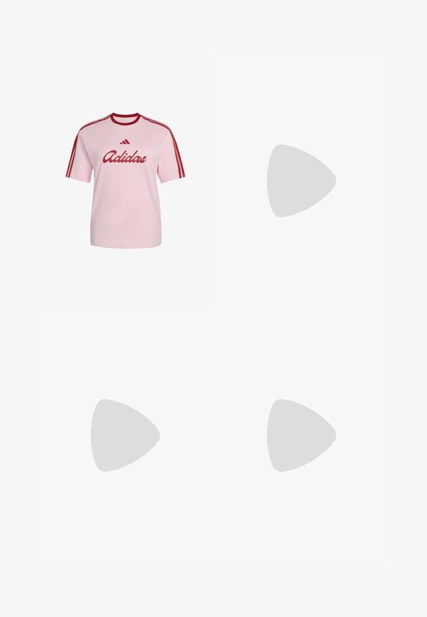 Lichtroze Adidas T-shirt met een rode kraag, drie rode strepen op de mouwen en een rood Adidas-logo en tekst aan de voorkant.; Bruine trainingsbroek met wijde pijpen, elastische tailleband en felroze zijstrepen, met ritssluitingen aan de zijzakken en een klein logo aan de linkerkant.; Beige sneakers met gestructureerde crèmekleurige panelen en bruine strepen, gecombineerd met blauwe denim jeans. De jeans hebben een brede pijp en een rafelige zoom.; Beige leren schoudertas met geplooid ontwerp en zilveren gespsdetail, voorzien van een lange riem en een gevoerd handvatgedeelte.