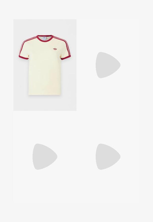 T-shirt crème à manches courtes Adidas avec col côtelé rouge, extrémités des manches rouges, trois bandes rouges sur les épaules et logo trefoil Adidas rouge sur la poitrine.; Jeans à jambes larges en denim vert clair avec des bandes latérales noires. Conception à cinq poches avec une quincaillerie métallique et une fermeture à bouton à la taille.; Pompe argentée à talon slingback avec un bout pointu, une finition métallique texturée et un talon bloc triangulaire. L'intérieur présente des détails en cuir marron.; Lunettes de soleil blanches avec une finition mate, verres ovales dégradés du violet clair au violet foncé, comportant un logo sur la branche.