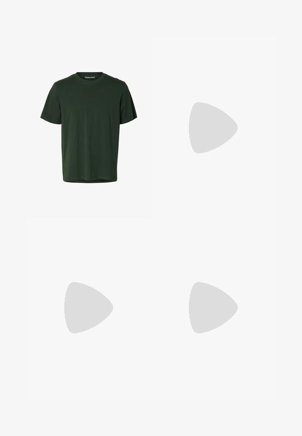 Mørkegrøn T-shirt med korte ærmer og rund hals, lavet af glat stof med lige kant.; Olivenfarvede shorts lavet af en bomuldsblanding, med knaplukning, forlommer og en afsluttet bund med subtile sømdetaljer.; Sorte læderloafers med en syet tådetalje, to vandrette remme over forsiden, og en træhæl. Glat tekstur og afrundet form.; Sort messenger bag lavet af tekstureret nylon med en frontflap, justerbar strop og en lille logoaccent. Har to lynlåslommer.