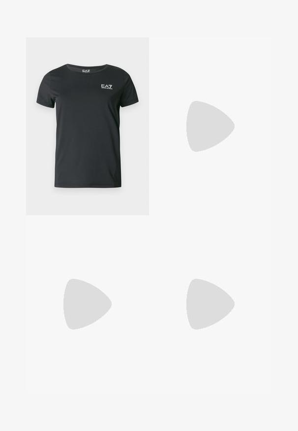 Sort t-shirt med korte ærmer lavet af glat stof, med rund halsudskæring og et lille hvidt EA7-logo på brystet.; Sorte leggings lavet af strækbart stof, med en høj talje og et lille trykt logo på det ene ben. Glat tekstur, tætsiddende design.; Lavprofil hvid og beige snøresneakers med glat læder og ruskindsdetaljer, med en lille Michael Kors-logo på siden.; Sort Emporio Armani EA7 skuldertaske med lynlåslomme foran og justerbar enkeltrem på hvid baggrund.