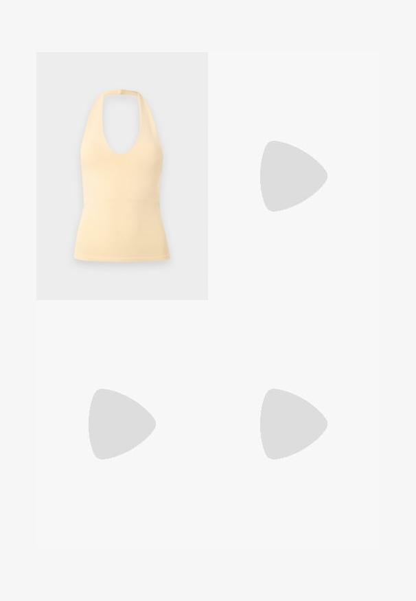 Ærmeløs ribstrikket haltertop i bleg gul med dyb rund halsudskæring og tætsiddende talje.; Beige løstsiddende bukser med elastisk talje og snøre, lavet af let tekstureret stof med tilspidsede ben.; Beige patentlæder balletflade med firkantet tå, lille hæl og justerbar ankelrem med guldspænde accent.; Lille beige håndtaske med top-håndtag, aftagelig rem, forreste klap og dekorativ vandret sløjfe på en ensfarvet baggrund.