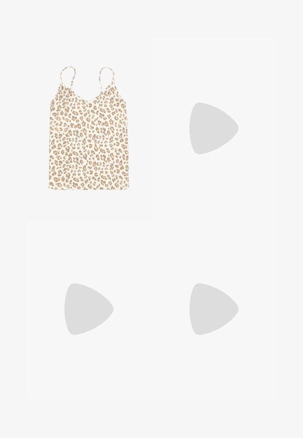 Camisole à imprimé léopard avec fines bretelles, dotée d'un décolleté en V. Fabriquée en tissu doux à texture côtelée dans des tons beige et marron.; Shorts légers beiges en tissu avec une taille élastique et une coupe ample, présentant une texture lisse et un ourlet arrondi.; Sandale tong en daim beige avec une fine bride et une semelle plate, vue de profil sur un fond blanc.; Sac à main en cuir marron avec une seule bandoulière, une fermeture éclair dorée et un petit logo "JOOP!" centré près du bas.