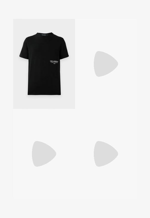 Zwart T-shirt met korte mouwen met witte tekst "KARL LAGERFELD 21 RUE ST-GUILLAUME PARIS" op de linkerborst.; Beige op maat gemaakte broek met een gladde textuur, een rechte voorkant en rechte pijpen. Voorzien van riemlussen en een verborgen ritssluiting.; Zwarte leren instap schoenen met een lage hak en subtiel Calvin Klein-logo aan de zijkant, weergegeven in profiel op een witte achtergrond.; Zwarte rechthoekige schoudertas met een voorvak met rits, een verstelbare schouderband met merk en een klein logo-embleem aan de zijkant.