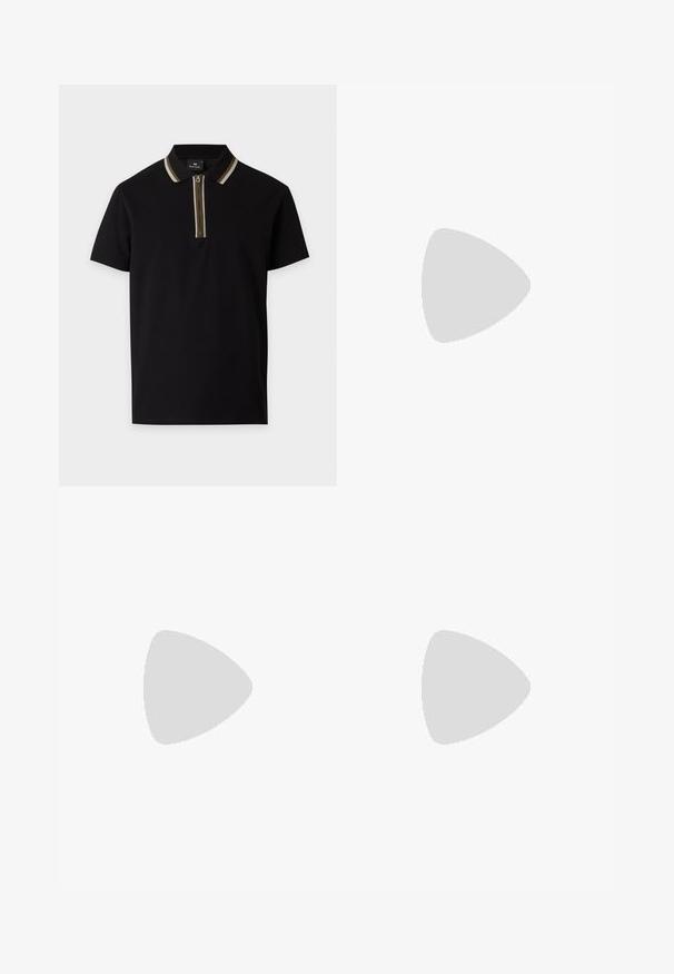 Polo noir à manches courtes avec fermeture éclair à l'avant et col à rayures beige et blanches.; Pantalon en cuir noir avec une texture lisse, design à jambes droites et couture subtile le long des coutures. Présente une fermeture à bouton à la taille.; Mocassins en cuir noir avec un embout rond, présentant des accents en métal doré et des détails de couture, montés sur une semelle en caoutchouc texturé et basse.; Sac bandoulière en cuir marron clair avec sangle réglable et fermeture éclair, présenté sur un fond clair uni.