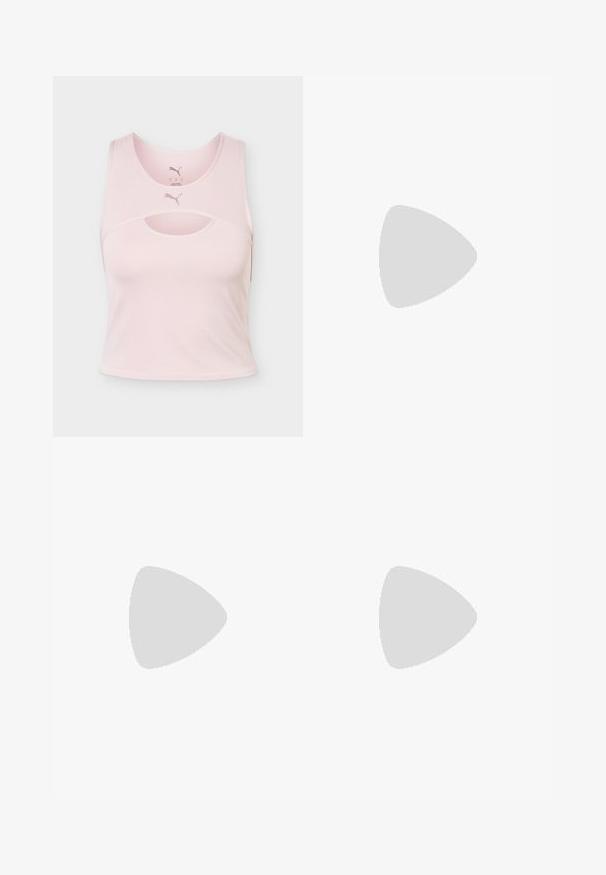 Crop top de sport sans manches rose clair avec encolure arrondie, détail découpé et logo Puma au centre devant et à l’intérieur du col.; Leggings de sport marron en tissu lisse et extensible avec une taille haute. Présente un petit logo noir au bas de la jambe gauche.; Baskets légères avec un design beige et rose pâle, tige en maille, semelle rembourrée et accents de logo discrets sur le côté.; Sac fourre-tout Puma rose clair avec bandoulière noire, poignées courtes avec logo Puma, poche avant zippée et poches latérales en mesh.