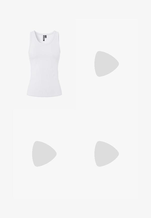 Hvid bomulds tanktop med ribbet tekstur, scoop halsudskæring og uden ærmer. Har et tætsiddende design for en snug pasform.; Lyseblå denim palazzo jeans med brede ben, der har høj talje, frontlommer og knaplukning. Diskret falmet tekstur.; Knæhøje bordeauxstøvler med en blank, krokodillepræget finish, spids tå og slank stilettohæl. Glat tekstur, elegant design.; Rektangulær kremfarvet clutch med sort kant og håndtag, med en lille sølvfarvet "cK" logo i midten foran.