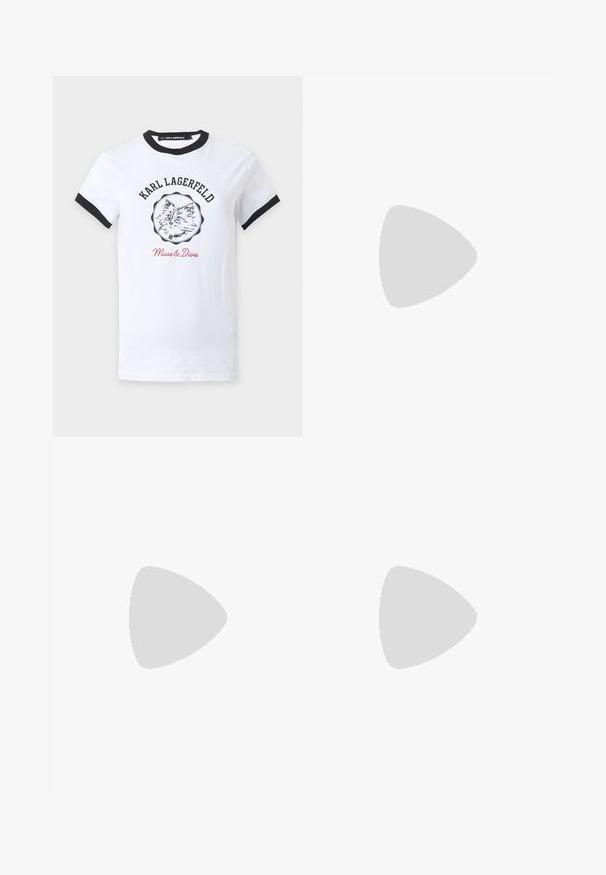 Hvid T-shirt med korte ærmer med sort krave og manchetter, med en katteillustration, "KARL LAGERFELD" tekst over og "Muse & Diva" nedenunder i rødt.; Lyseblå denimnederdel med plisseret design, metalknaplukning og broderet detalje i kanten. Glat tekstur og A-formet silhouette.; Sorte patentlæder stiletto hæl sko med spids tå, tre dekorative remme med nitter, og "Karl Lagerfeld" branding på hælen.; Sort læderhåndtaske med hvide accenter. Har kædstrap, struktureret form og fremtrædende hvidt logo detaljer. Glat tekstur.