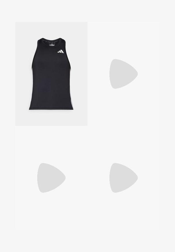 Top atlético negro de corte ajustado, fabricado en un material sintético suave, con el logo blanco de Adidas y detalles en los lados.; adidas Sportswear TIRO  - Pantalón corto de deporte - true pink/black; Zapatillas deportivas ligeras en rosa pálido y gris, con una parte superior de malla, tres franjas oscuras y una suela gruesa color crema con la etiqueta "LIGHTSTRIKE PRO".; Bolsa de tote negra con el logo "adidas" en gris, hecha de un tejido duradero, con dos correas para el hombro y un panel inferior negro en contraste.