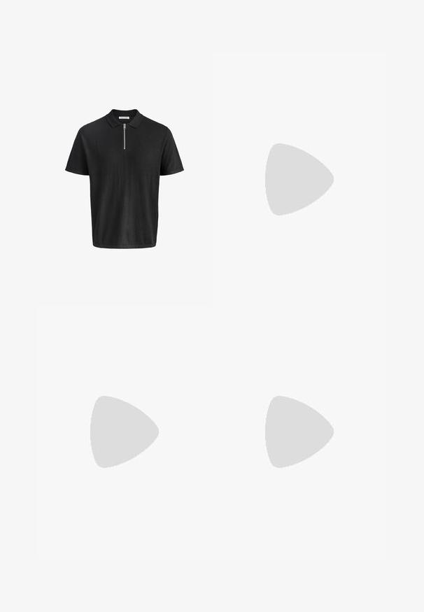 Camiseta polo negra de manga corta con cremallera plateada en el frente y un pequeño cuello, con la etiqueta Jack & Jones.; Jeans de mezclilla negros de cintura alta, de pierna recta, con cierre de botón frontal, cremallera y diseño de cinco bolsillos sobre un fondo blanco.; Zapatillas deportivas negras con acentos de malla y goma. Combinadas con jeans de pierna ancha de color gris claro y una blusa de cuadros verdes. Fondo de superficie plana.; Gafas de sol negras con un marco curvado y lentes oscuros. Presentan un acabado mate y el nombre de la marca "ARNETTE" en el lateral.